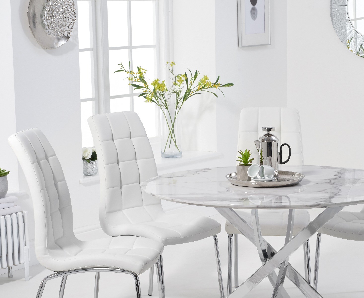 Photo 2 of Carter 120cm round white marble dining table with 4 white enzo chairs