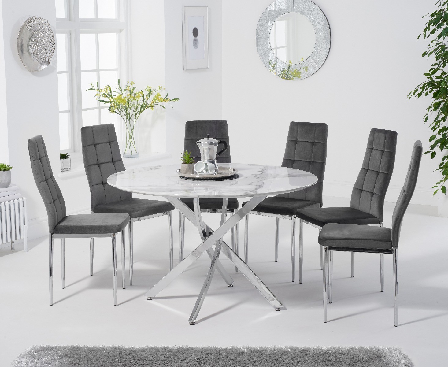 Photo 1 of Carter 120cm round white marble dining table with 4 grey angelo chairs