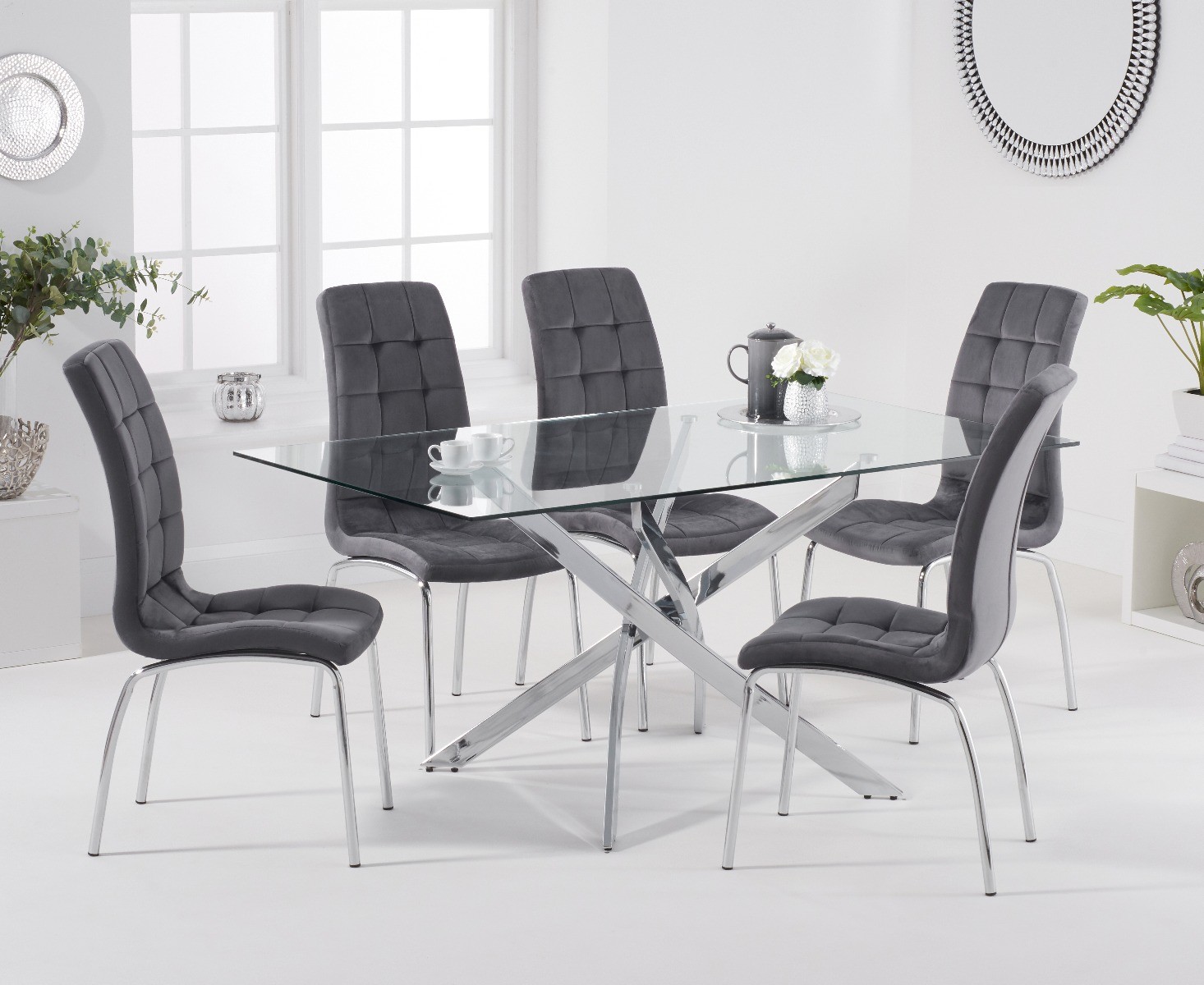 Denver 160cm Rectangular Glass Dining Table With 6 Grey Enzo Chairs
