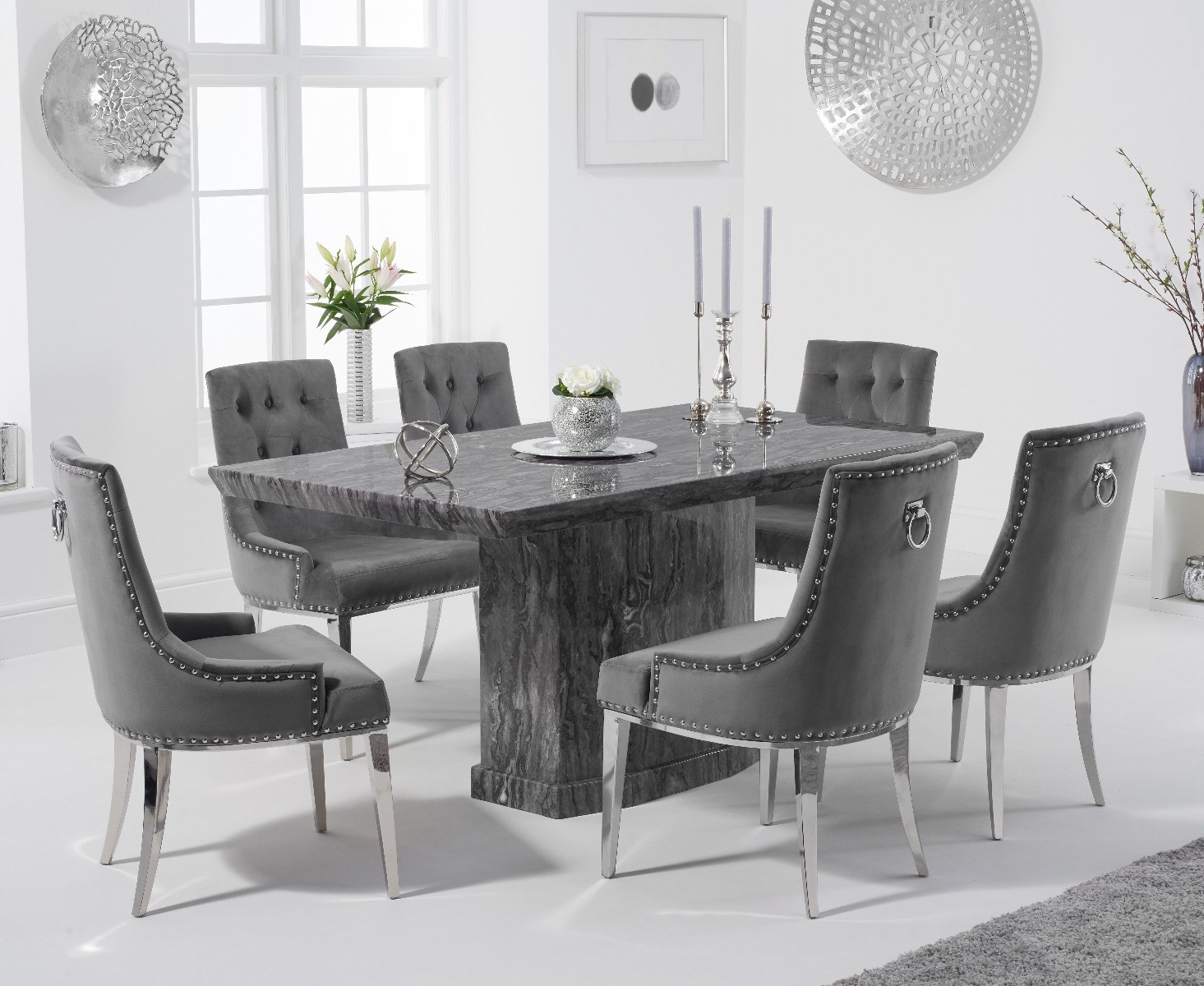 Photo 1 of Carvelle 160cm grey pedestal marble dining table with 4 grey sienna chairs