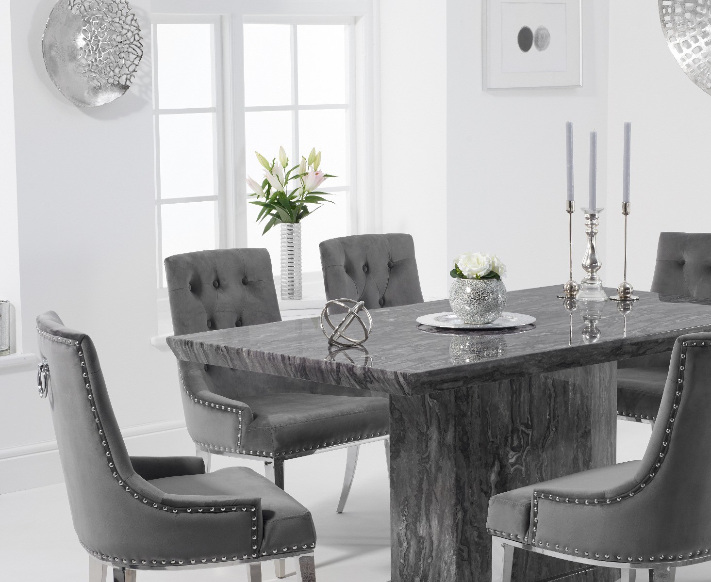 Photo 2 of Carvelle 160cm grey pedestal marble dining table with 4 grey sienna chairs