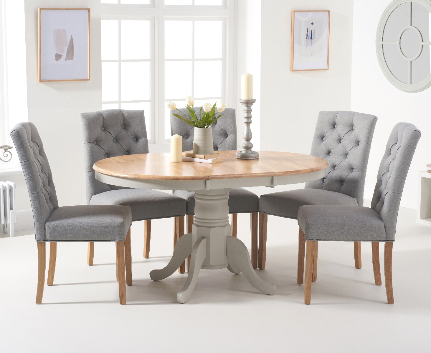 Epsom Oak And Grey Painted Pedestal Extending Dining Table With 6 Grey Isabella Grey Fabric Dining Chairs