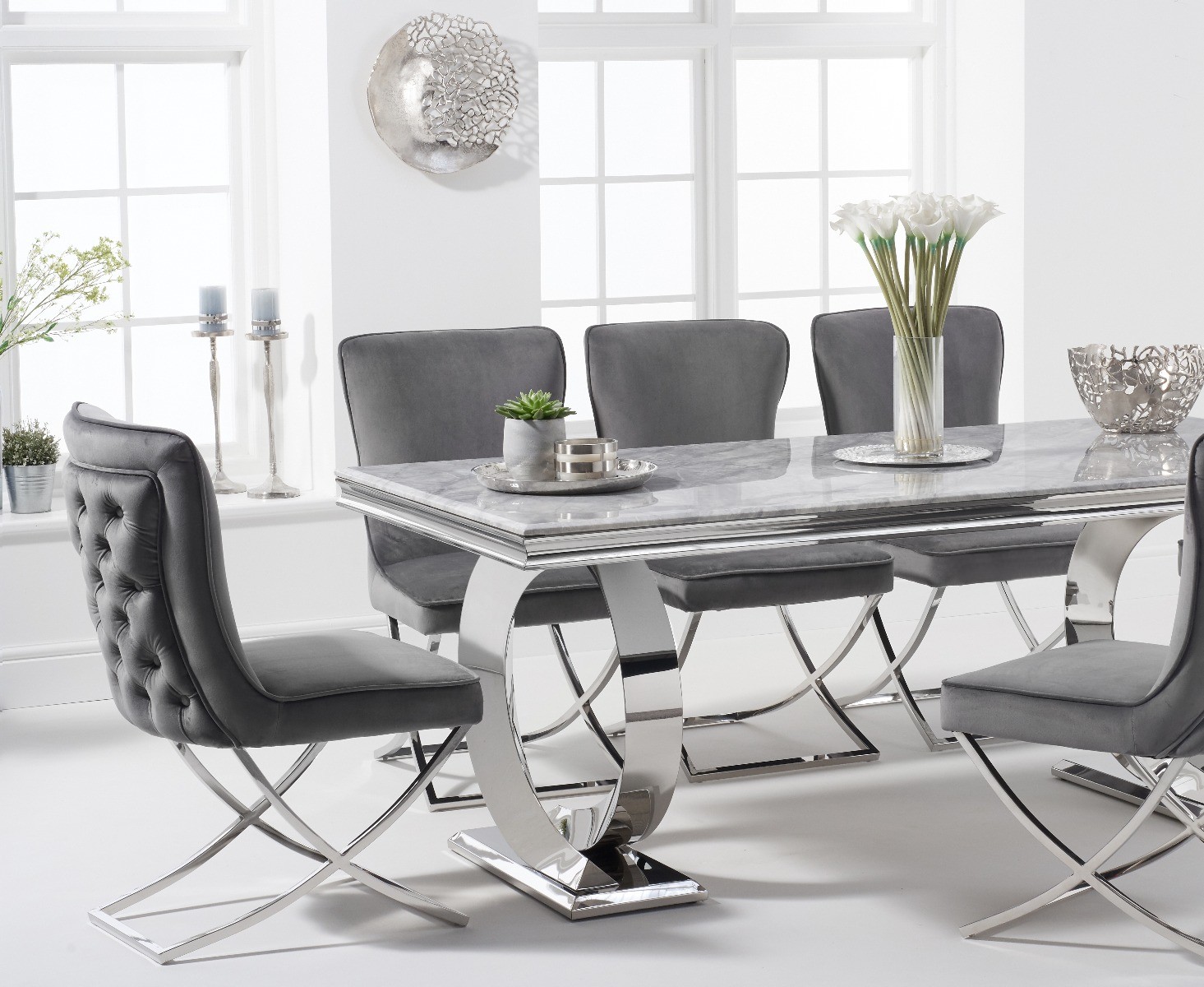 Photo 2 of Fabio 200cm marble dining table with 6 grey lorenzo chairs