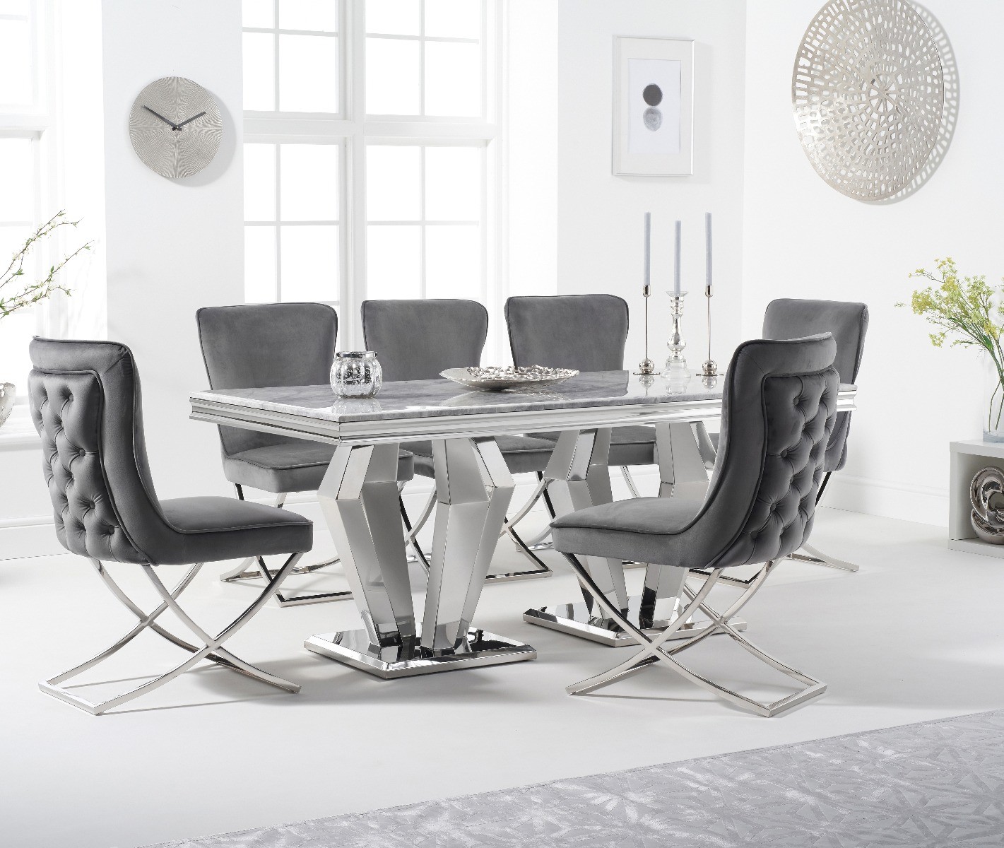 Product photograph of Viscount 180cm Marble Dining Table With 6 Grey Lorenzo Velvet Chairs from Oak Furniture Superstore