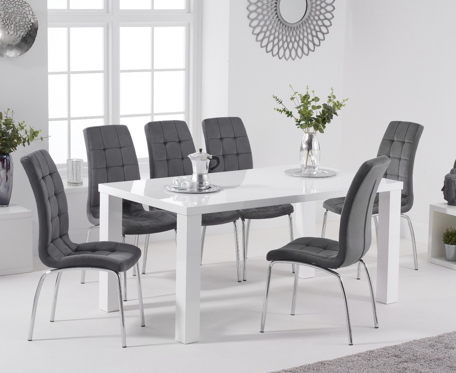 Photo 1 of Seattle 160cm white high gloss dining table with 8 grey enzo chairs