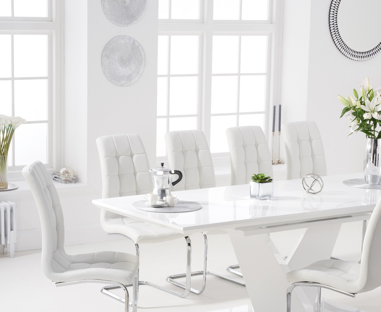 Photo 1 of Vittorio 160cm white high gloss extending dining table with 8 black vigo faux leather chairs