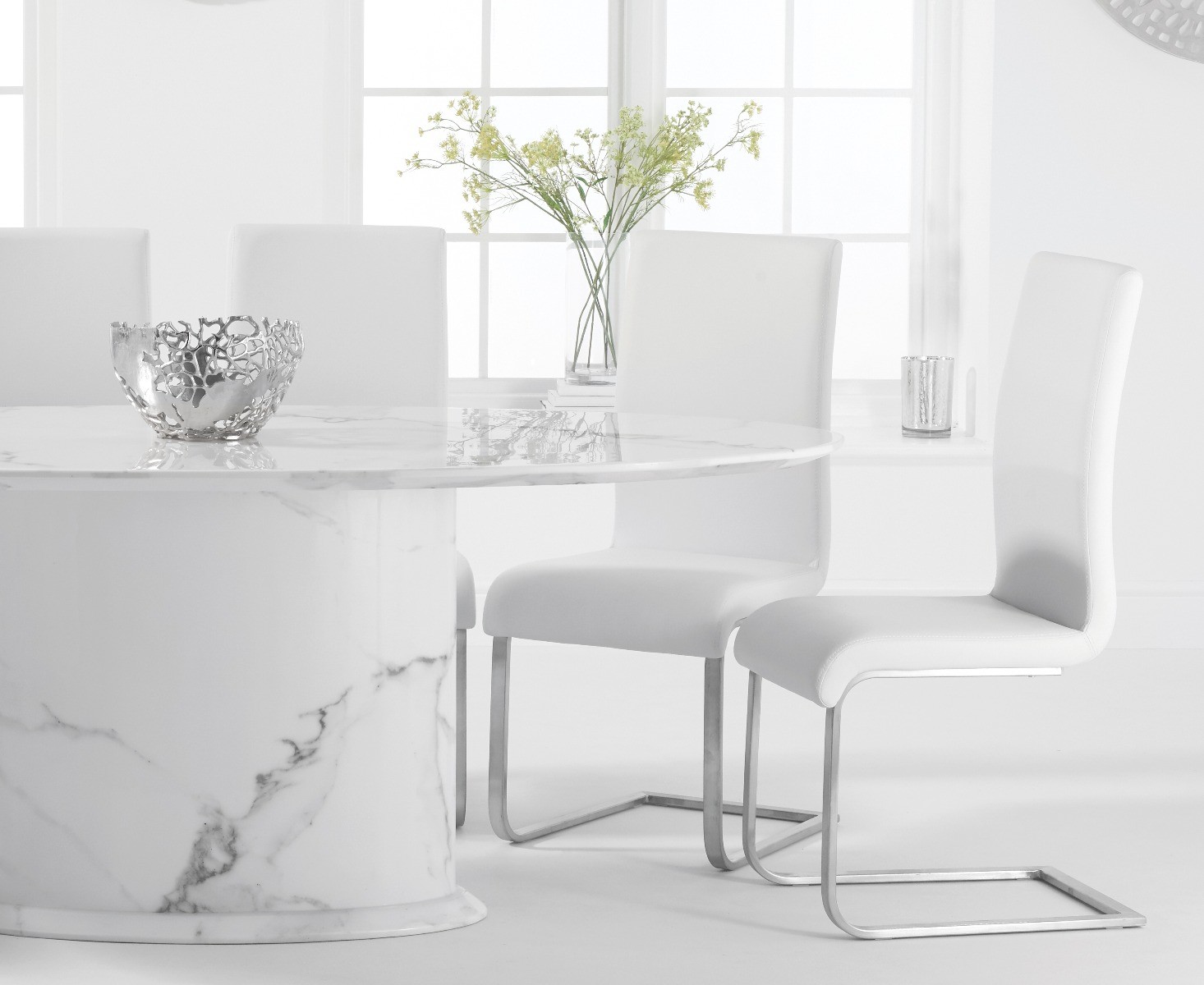 Photo 2 of Colby 200cm white oval marble dining table with 6 white malaga chairs
