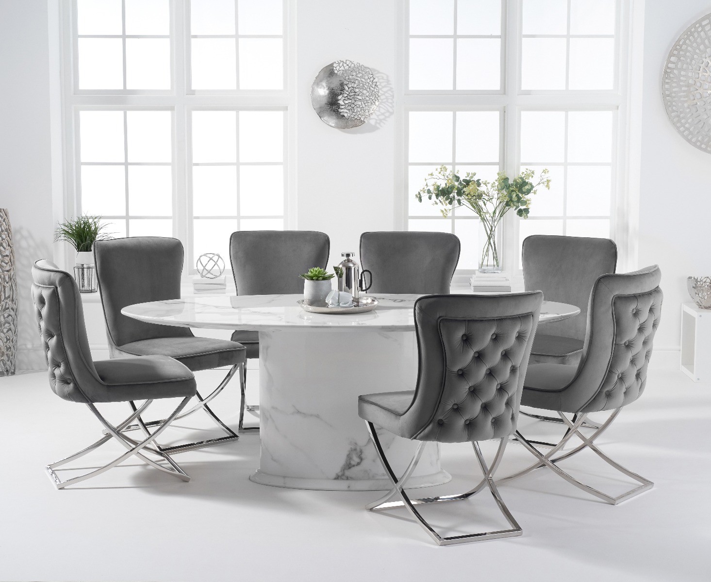 Photo 1 of Colby 200cm white oval marble dining table with 6 grey lorenzo chairs