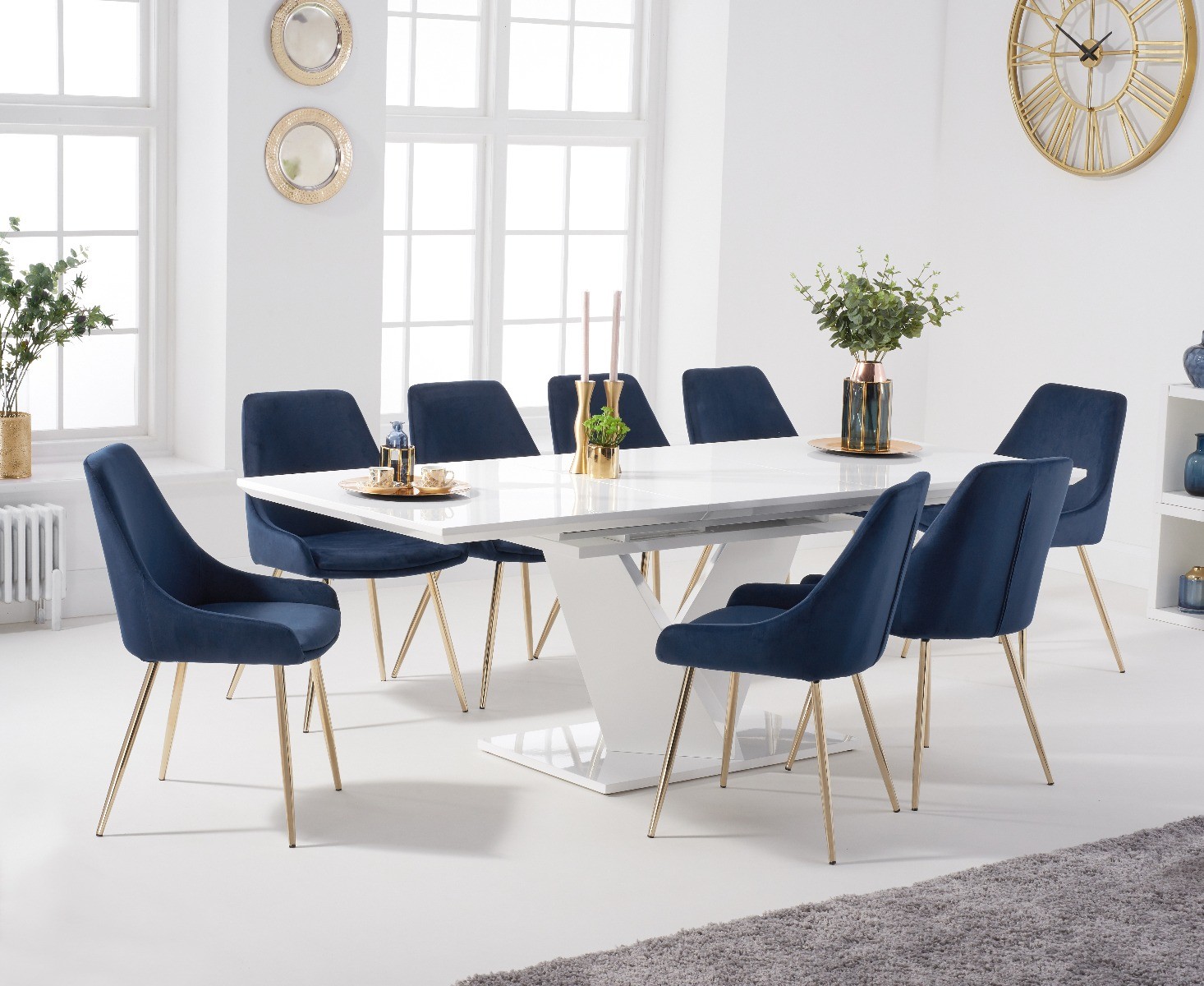 Photo 1 of Extending vittorio 160cm white high gloss dining table with 6 blue lola chairs