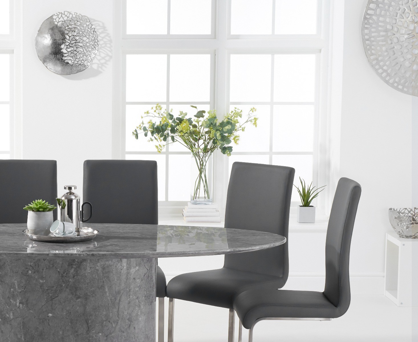 Photo 2 of Colby 200cm grey oval marble dining table with 10 black austin chairs