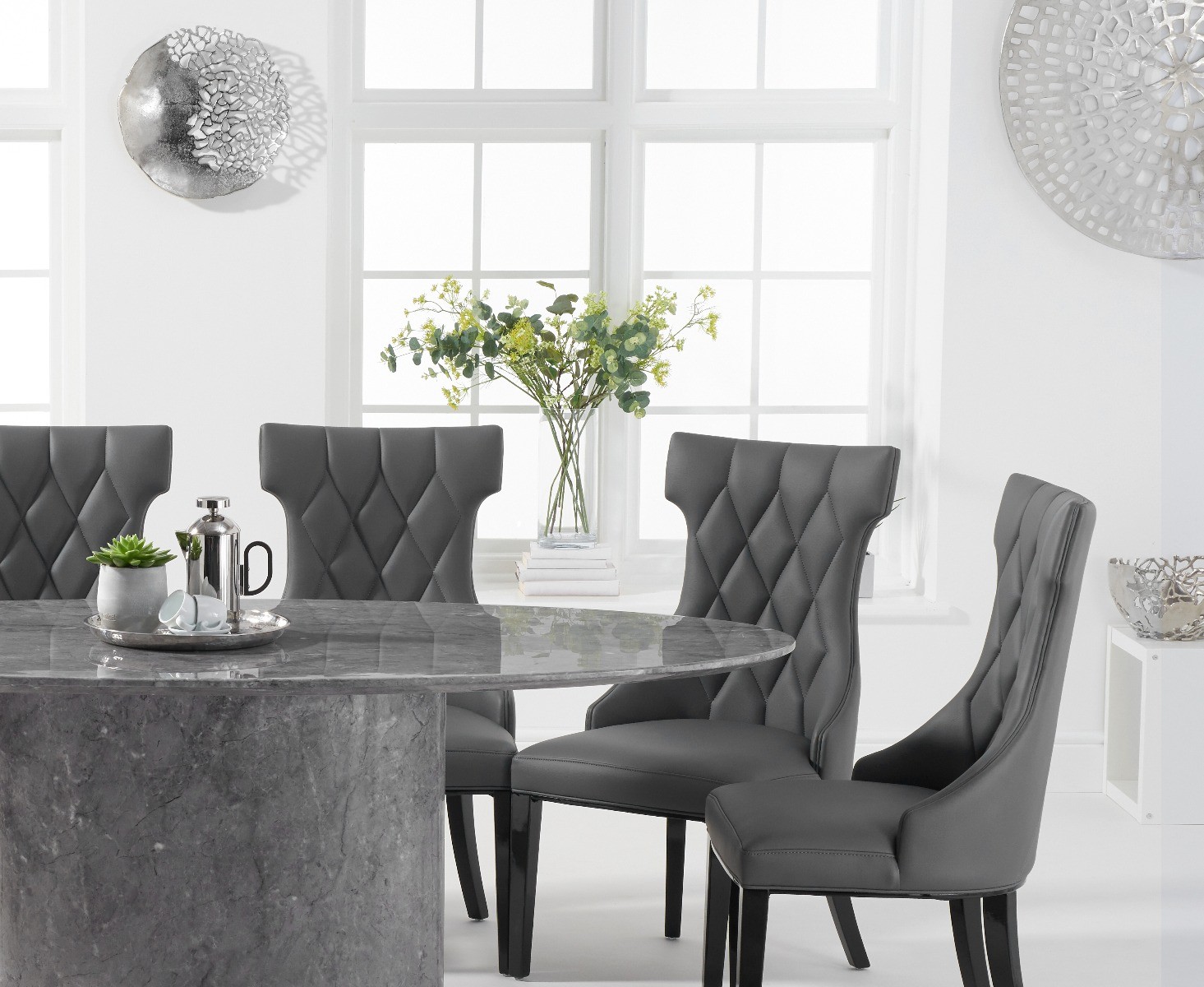 Photo 2 of Colby 200cm grey oval marble dining table with 6 grey sophia chairs