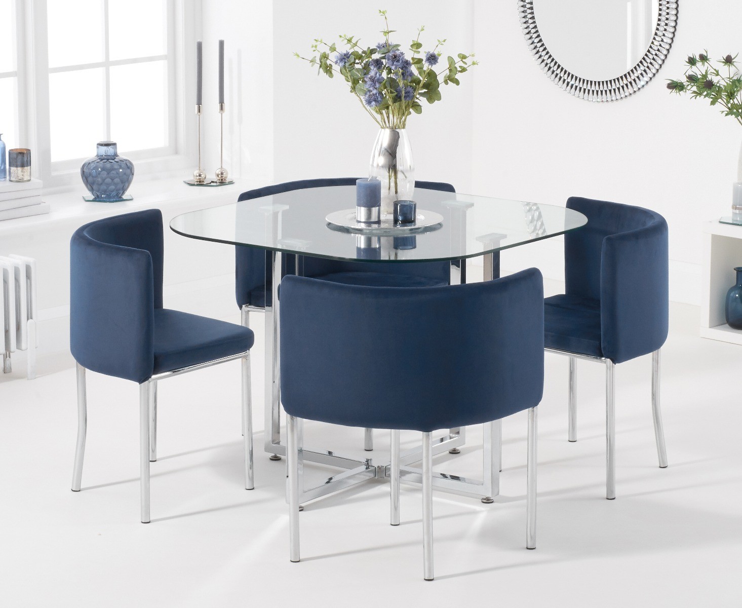 algarve glass stowaway dining table with white high back stools