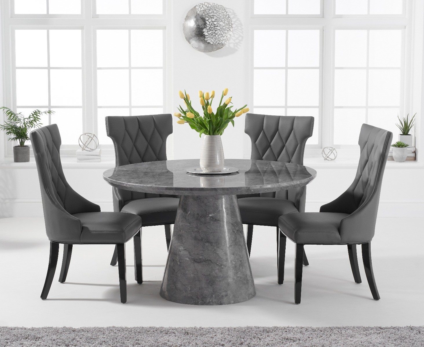 Product photograph of Ravello 130cm Round Grey Marble Dining Table With 4 Cream Sophia Chairs from Oak Furniture Superstore