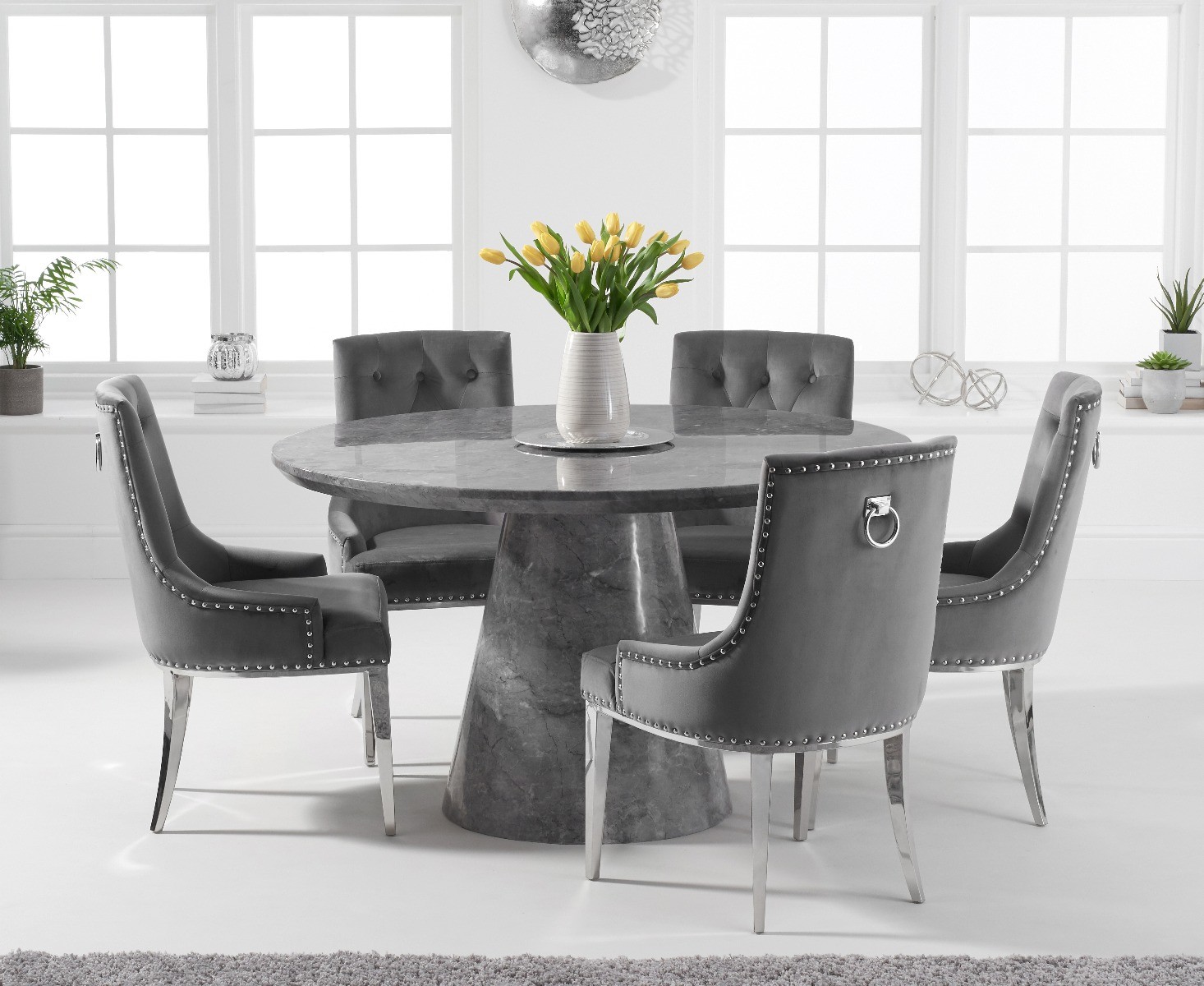 Photo 1 of Ravello 130cm round grey marble dining table with 4 grey sienna chairs
