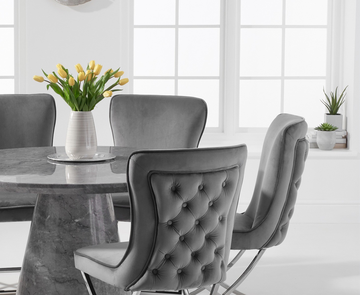 Photo 2 of Ravello 130cm round grey marble dining table with 6 grey lorenzo chairs
