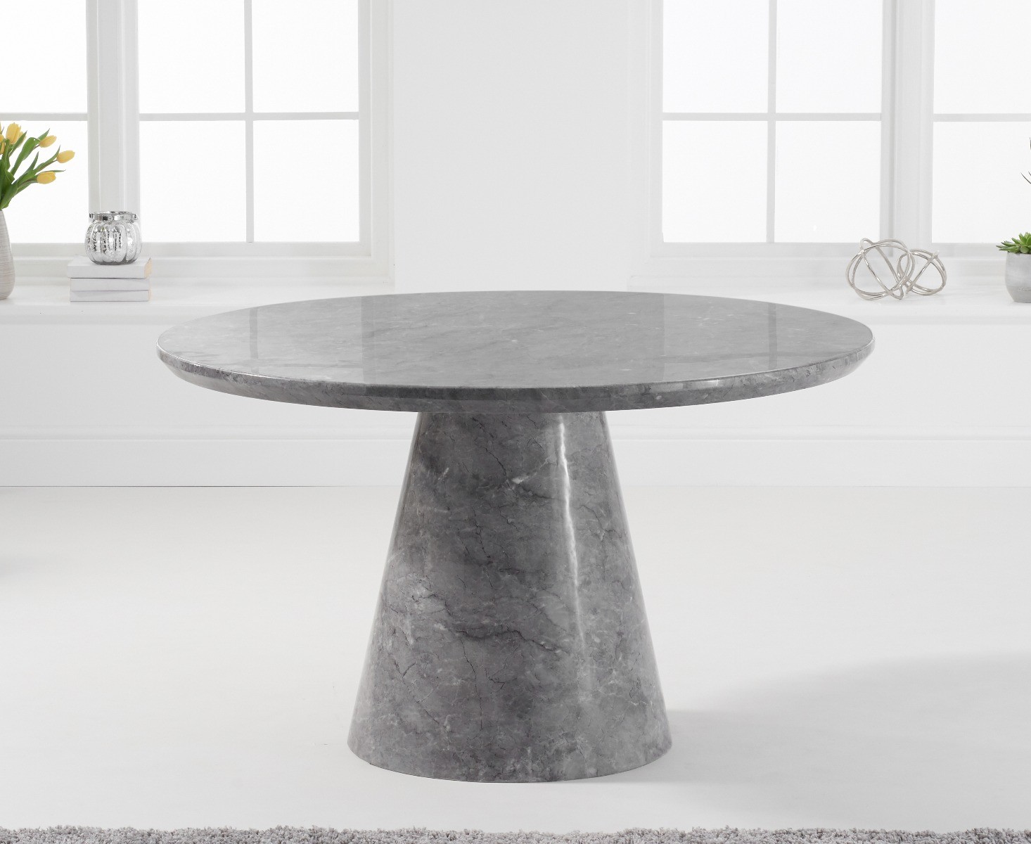 Photo 4 of Ravello 130cm round grey marble dining table with 4 grey lorenzo chairs