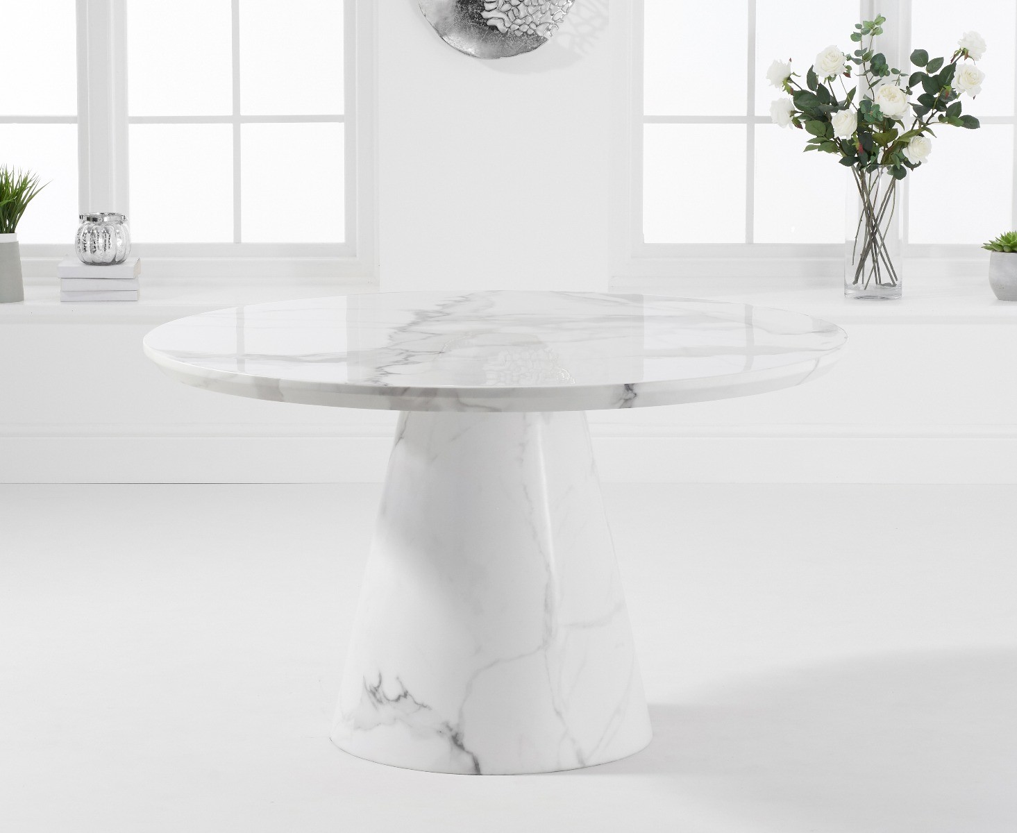 Photo 4 of Ravello 130cm round white marble dining table with 6 grey sienna chairs