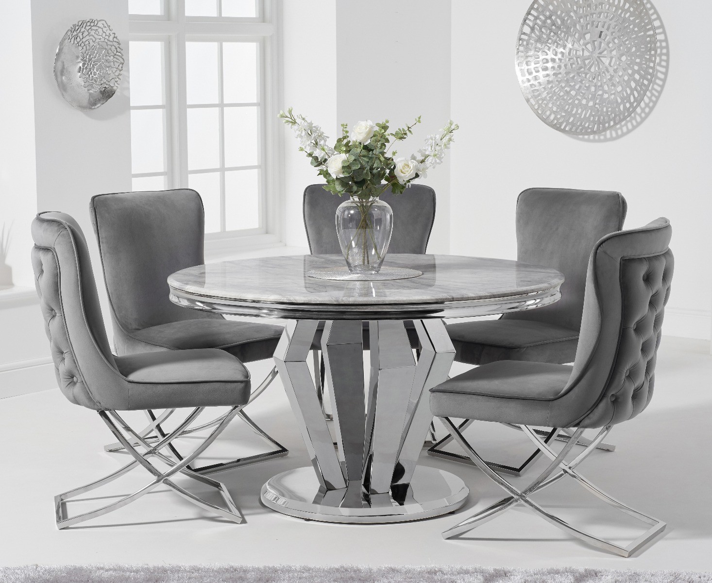 Product photograph of Viscount 130cm Round Marble Dining Table With 4 Grey Lorenzo Chairs from Oak Furniture Superstore