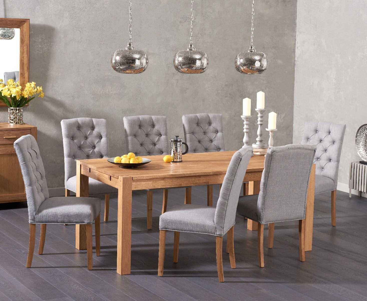 Thetford 150cm Oak Dining Table With 6 Grey Isabella Chairs