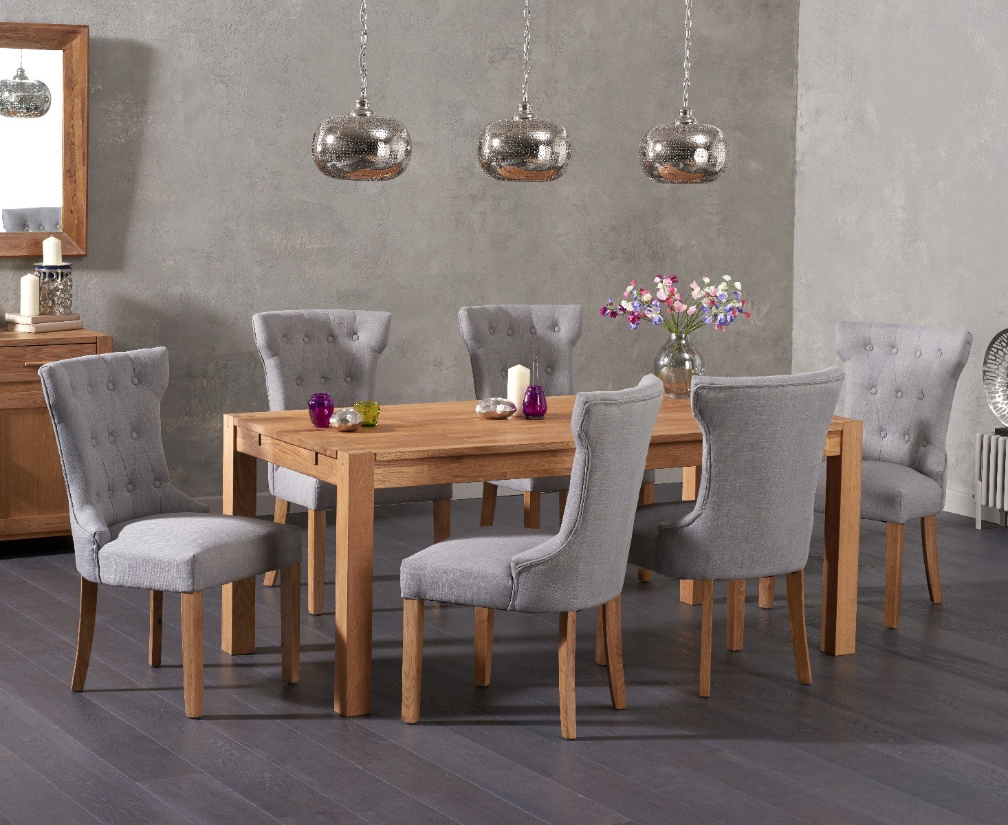 Thetford 150cm Oak Dining Table With 6 Grey Clara Chairs