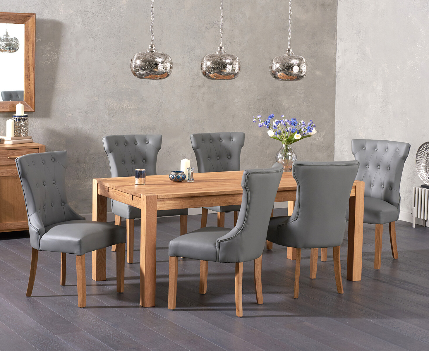 Photo 1 of Thetford 150cm oak dining table with 6 grey clara chairs