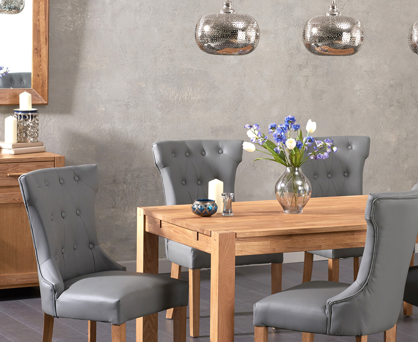 Photo 2 of Thetford 150cm oak dining table with 6 grey clara chairs