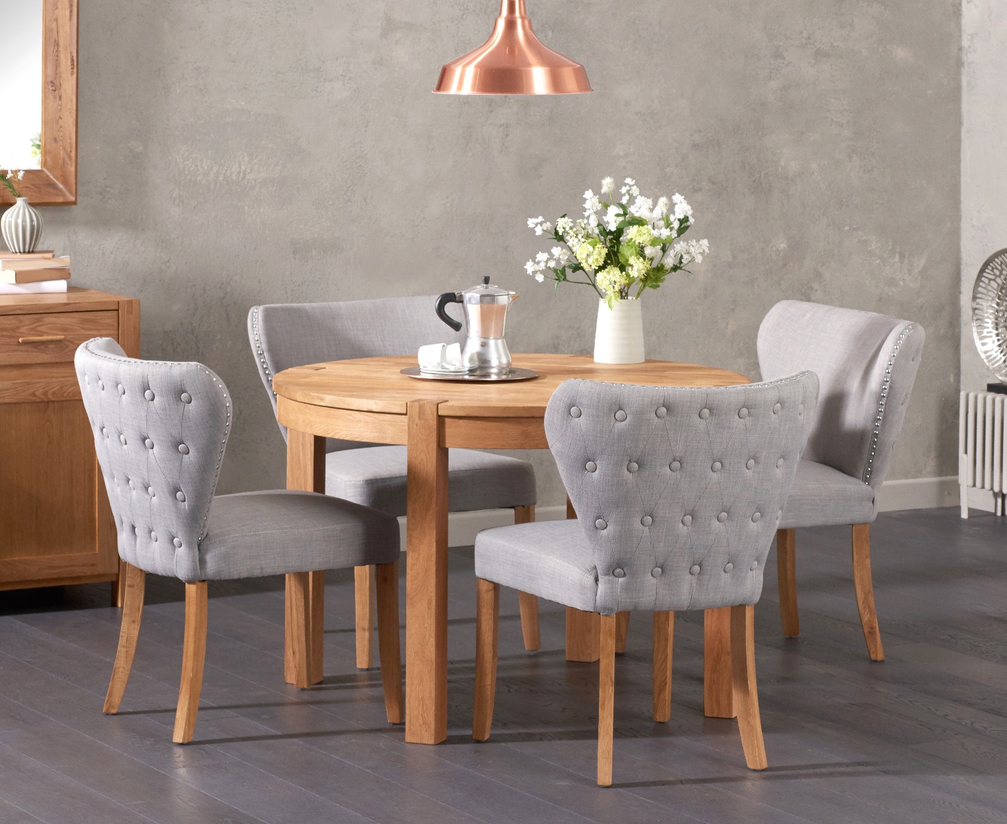 Thetford 110cm Oak Round Dining Table With 4 Grey Isla Chairs