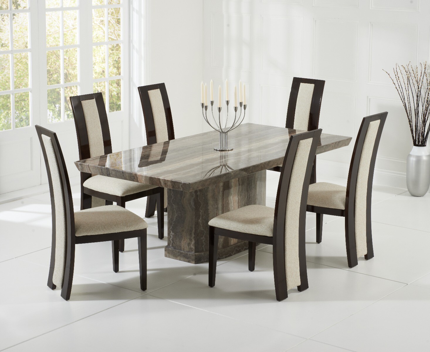 Product photograph of Carvelle 160cm Brown Pedestal Marble Dining Table With 4 Black Novara Chairs from Oak Furniture Superstore