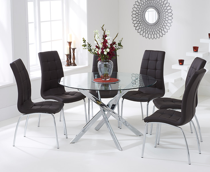 Product photograph of Denver 120cm Glass Dining Table With 6 White Enzo Chairs from Oak Furniture Superstore