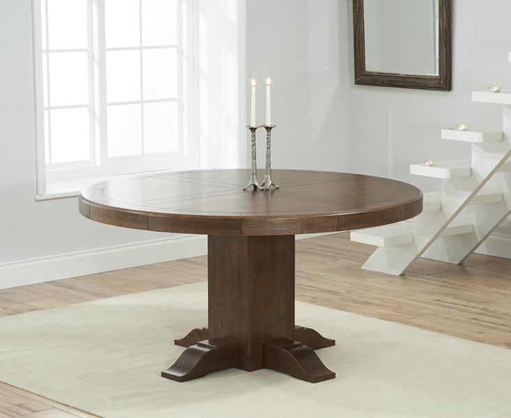 Photo 4 of Helmsley 150cm dark oak round pedestal dining table with 8 natural darcy chairs