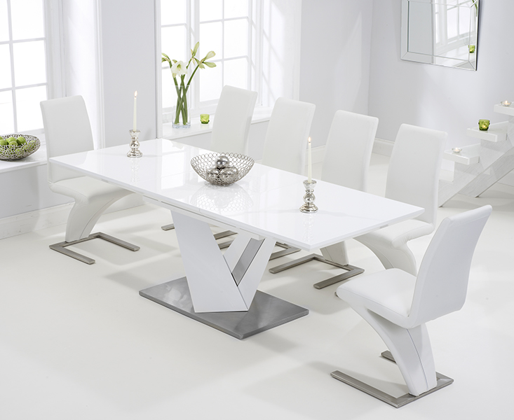 Extending Santino 160cm White High Gloss Dining Table With 6 White Aldo Chairs