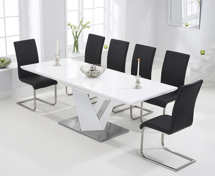 Photo 3 of Extending santino 160cm white high gloss dining table with 6 black austin chairs