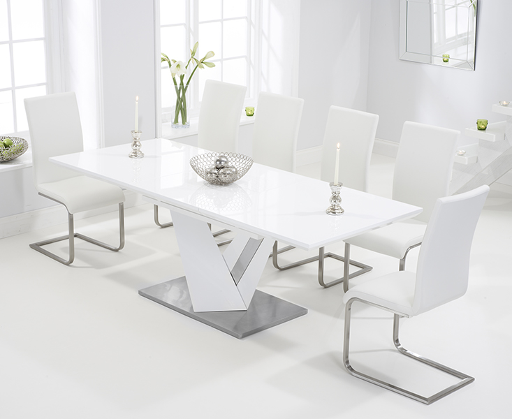 Photo 1 of Santino 160cm white high gloss extending dining table with 6 grey austin chairs