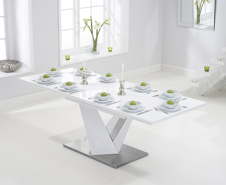 Photo 4 of Santino 160cm white high gloss extending dining table with 6 grey austin chairs