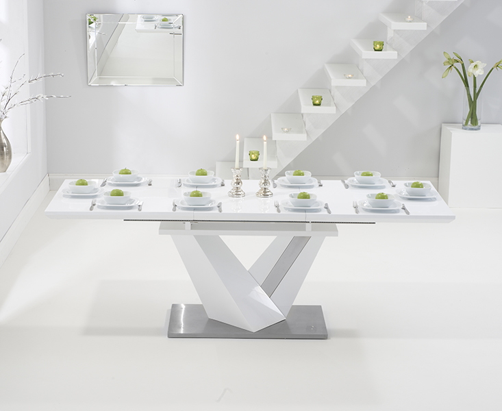 Photo 4 of Extending santino 160cm white high gloss dining table with 8 grey austin chairs