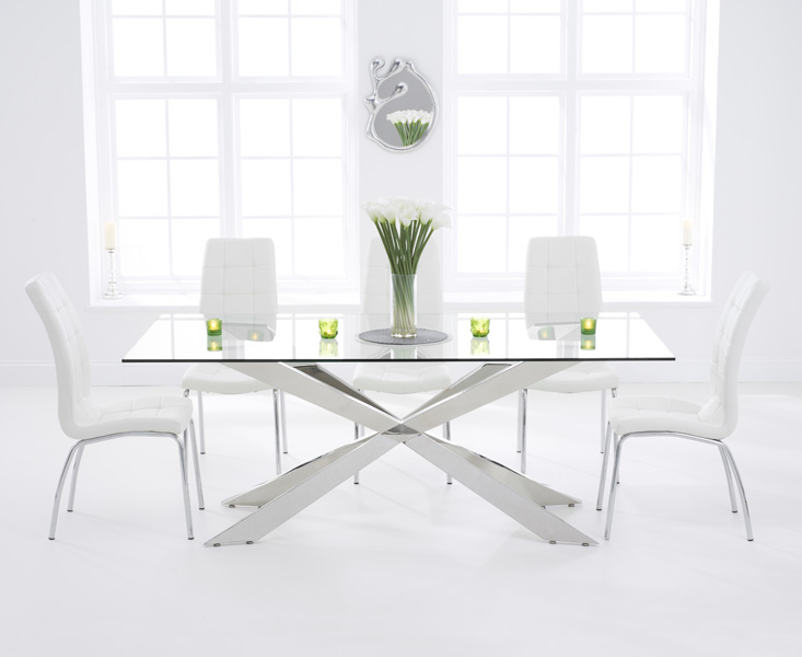 Product photograph of Canova 200cm Glass Dining Table With 10 Grey Enzo Chairs from Oak Furniture Superstore