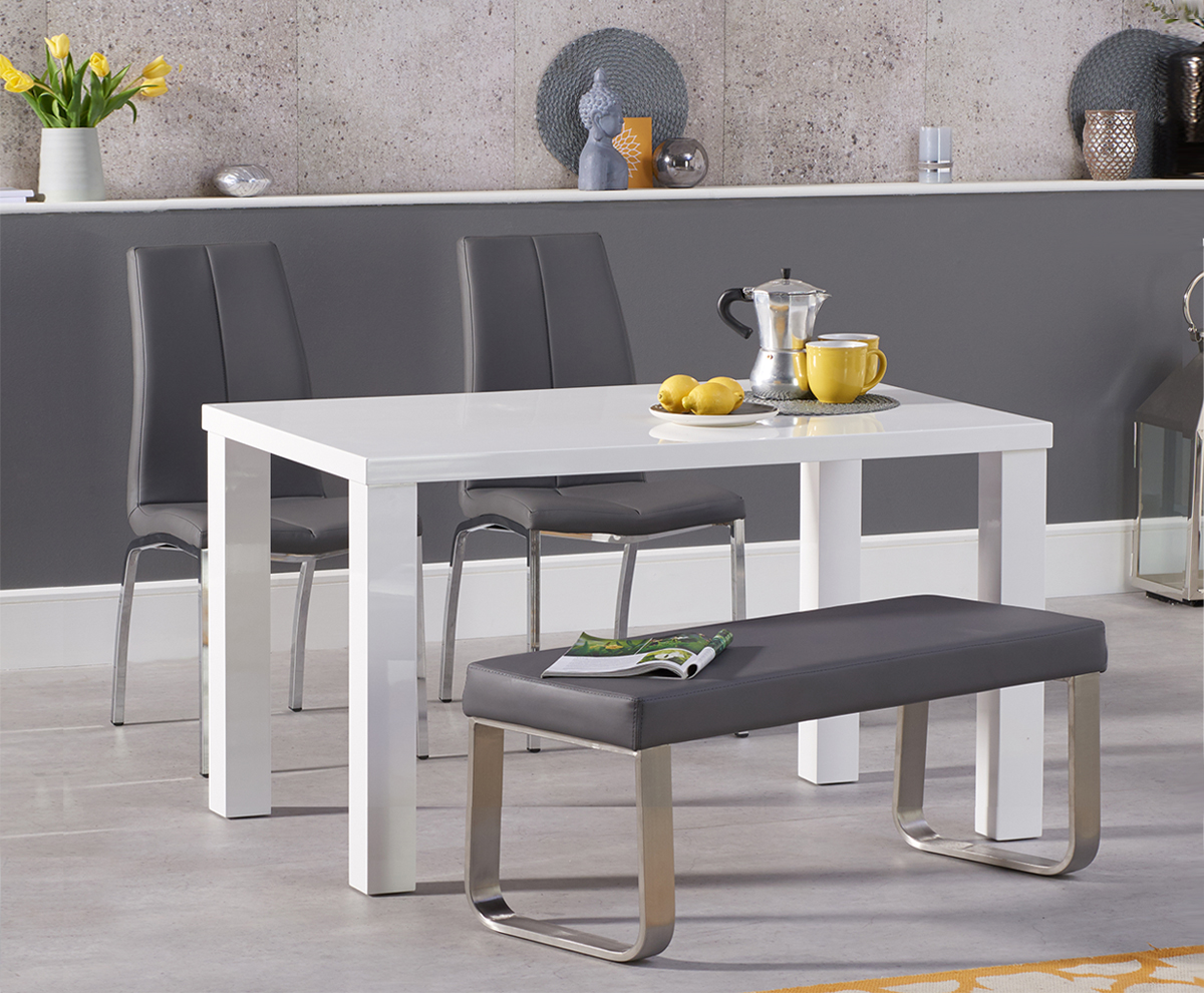 Seattle 120cm White High Gloss Dining Table With 4 White Marco Chairs And 2 Austin Grey Bench