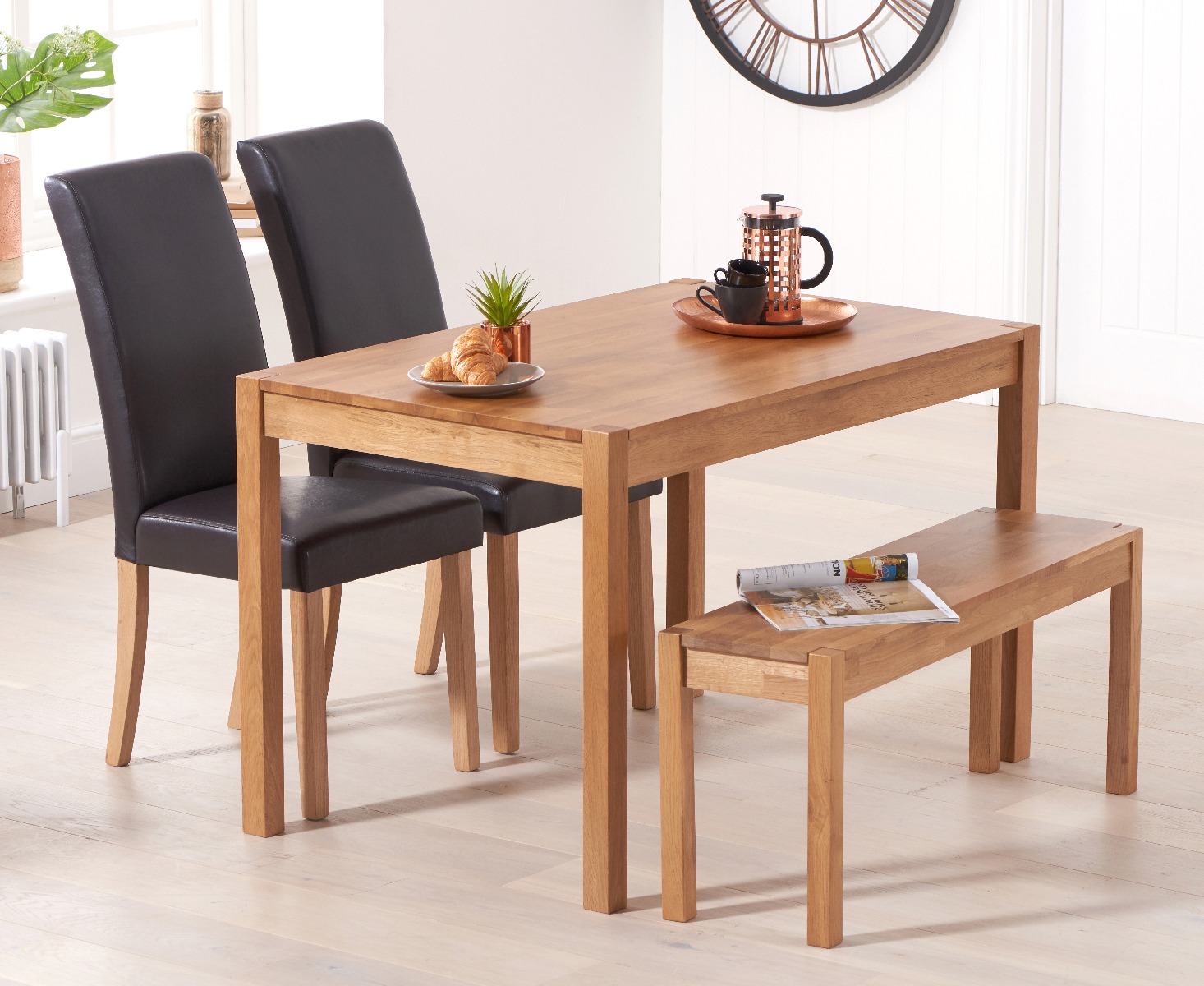 Photo 1 of York 120cm solid oak dining table with 4 brown olivia chairs with 1 oak bench