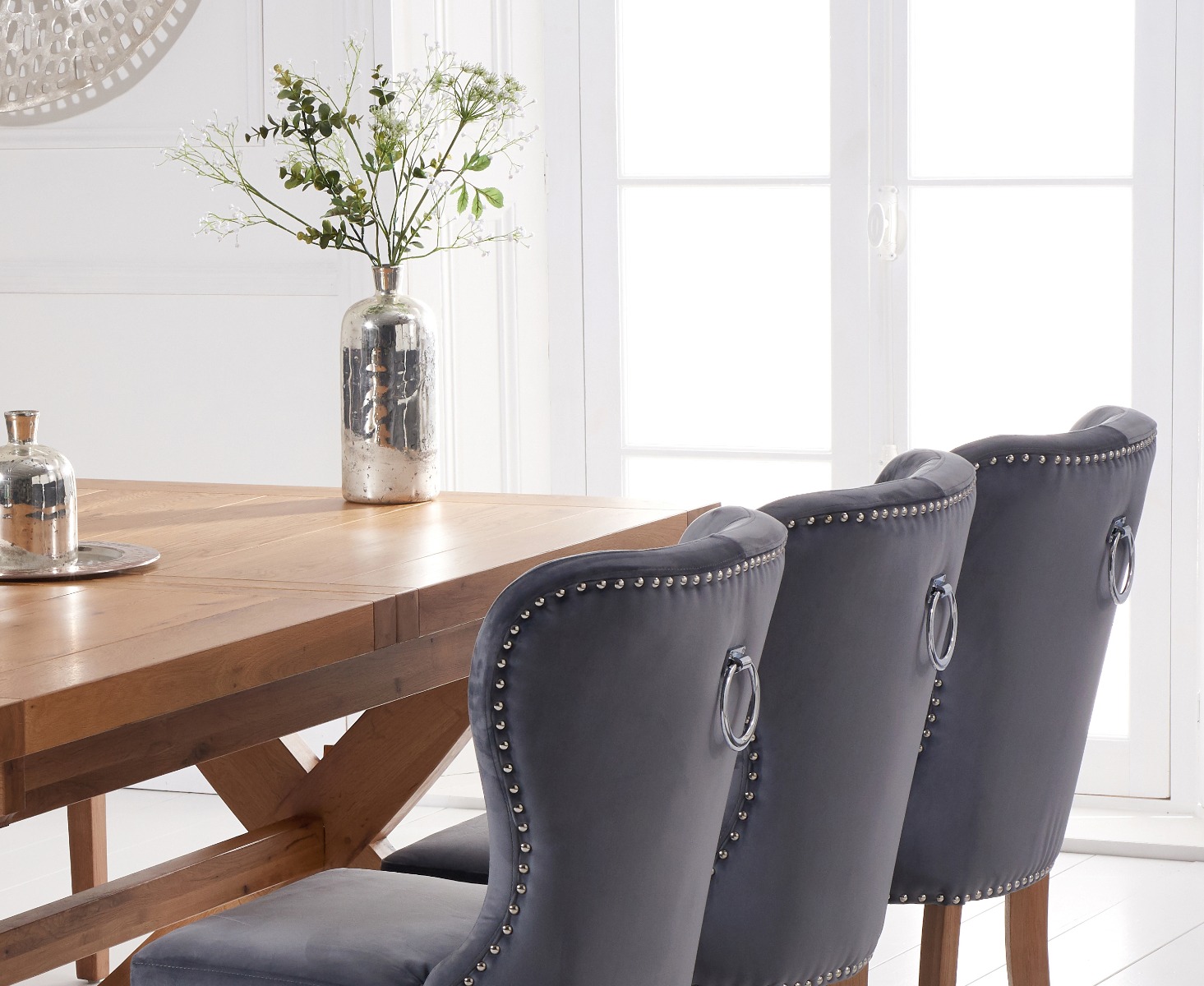 Photo 1 of Buckley 200cm solid oak extending dining table with 6 grey keswick velvet chairs