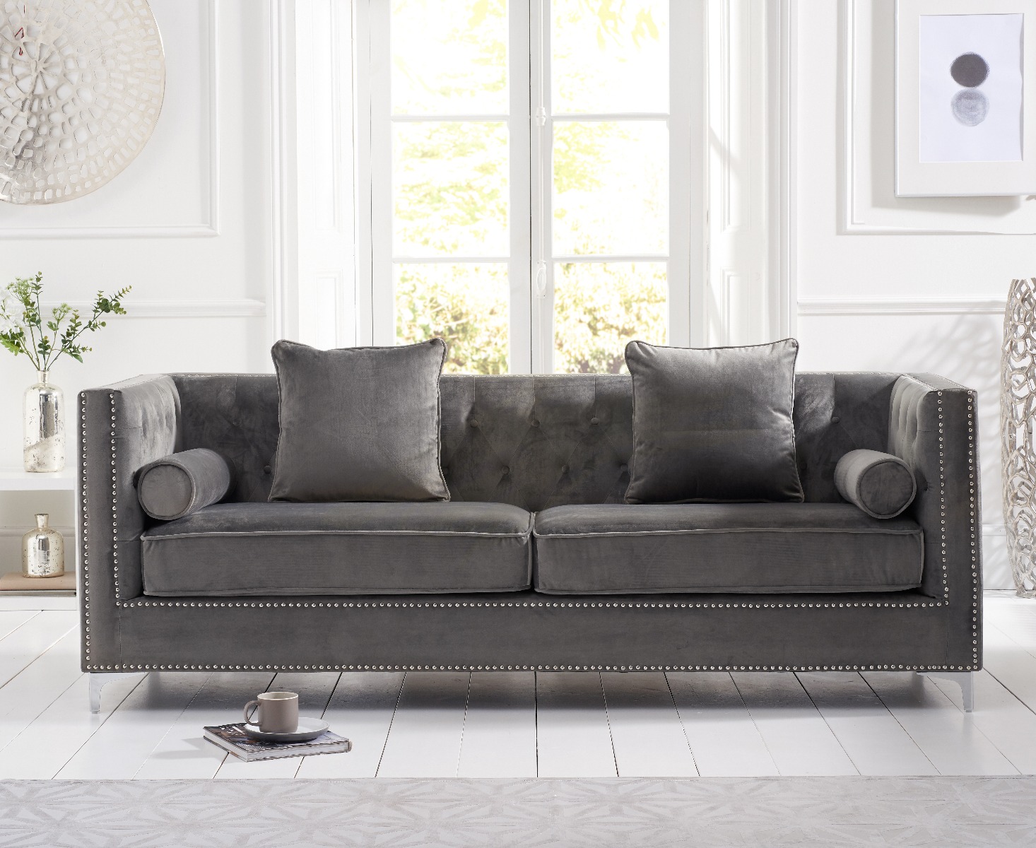 Product photograph of Cecile Grey Velvet 4 Seater Sofa from Oak Furniture Superstore