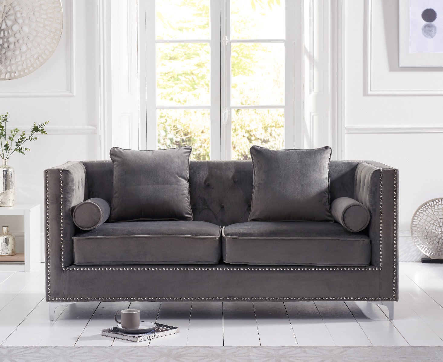 Product photograph of Cecile Grey Velvet 3 Seater Sofa from Oak Furniture Superstore
