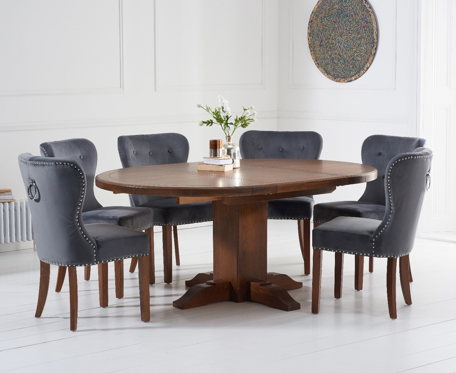 Product photograph of Extending Helmsley Dark Oak Pedestal Dining Table With 4 Grey Keswick Chairs from Oak Furniture Superstore