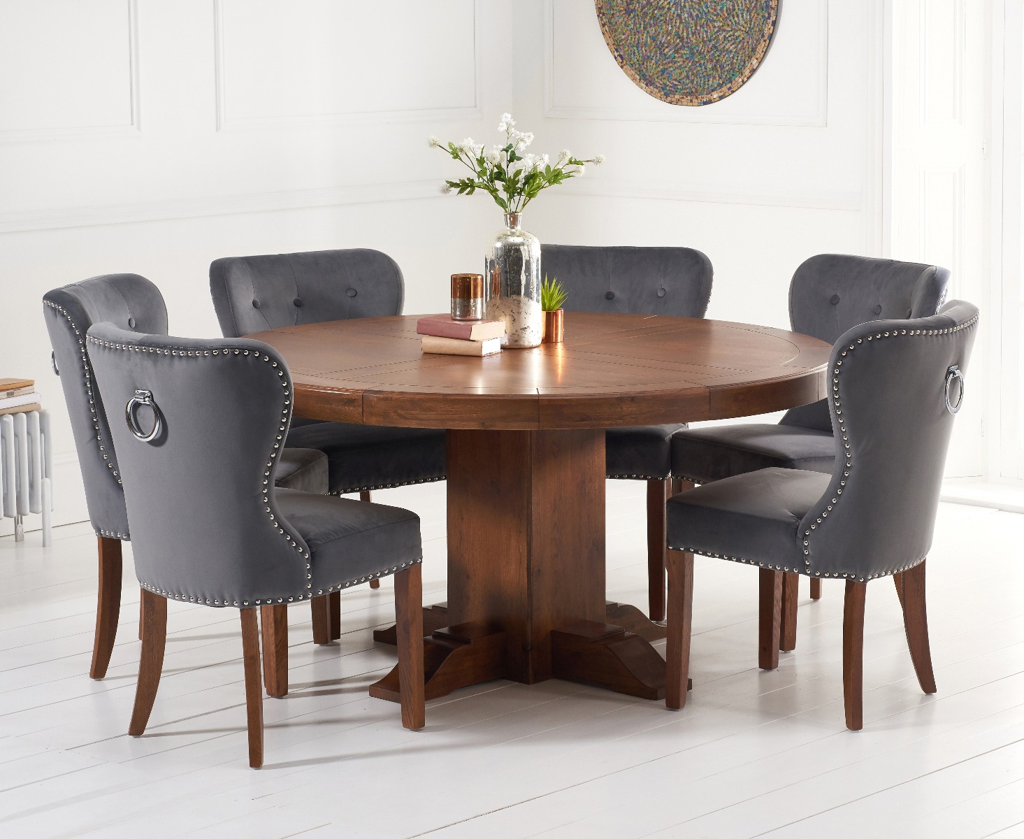 Helmsley 150cm Dark Solid Oak Round Pedestal Dining Table With 8 Grey Keswick Velvet Chairs