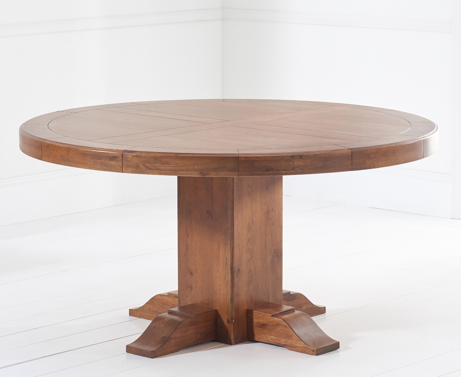 Photo 4 of Helmsley 150cm dark oak round pedestal dining table with 8 grey keswick chairs
