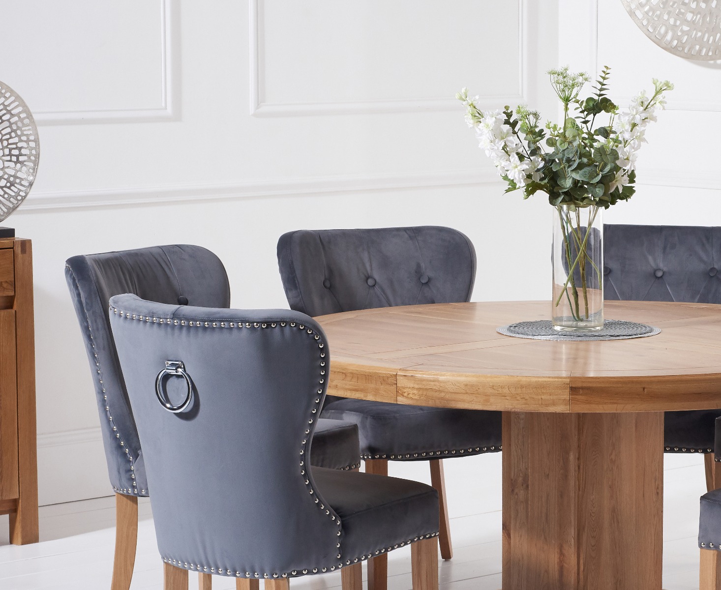 Photo 1 of Helmsley 150cm solid oak round pedestal dining table with 4 grey keswick velvet chairs