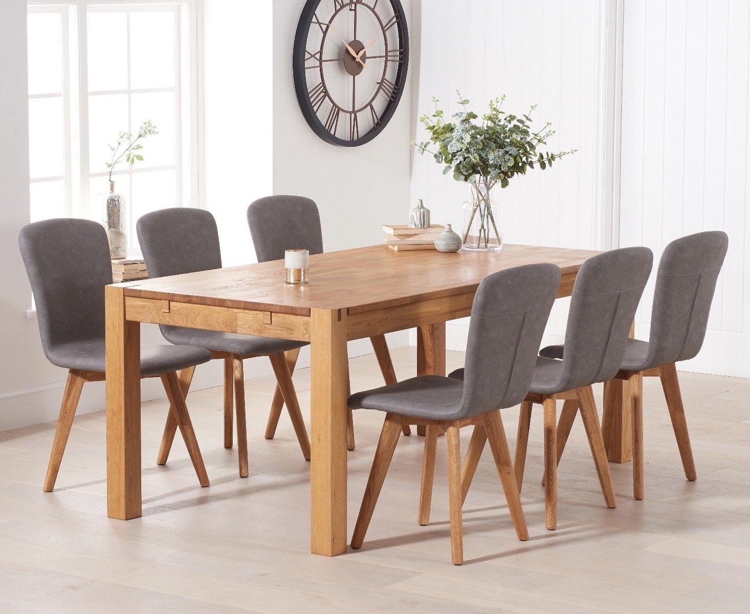 Photo 1 of Thetford 150cm oak dining table with 6 grey ruben chairs