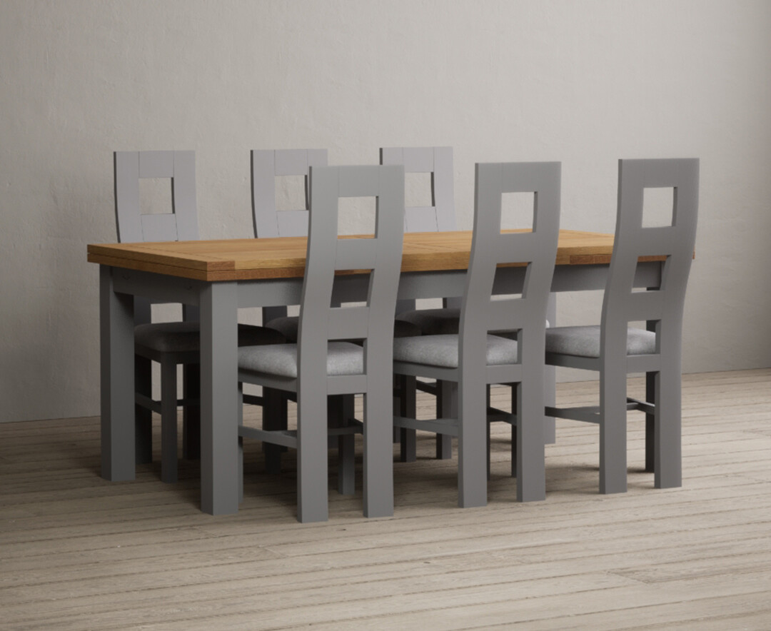 Photo 1 of Buxton 180cm oak and light grey extending dining table with 8 blue flow back chairs