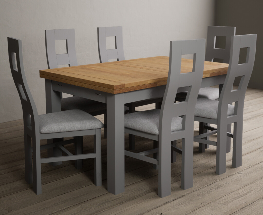 Photo 2 of Extending buxton 140cm oak and light grey painted dining table with 6 blue chairs