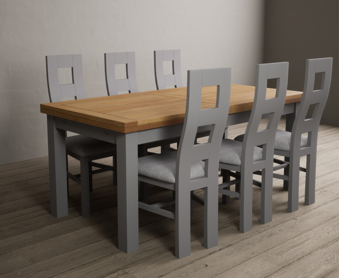 Photo 4 of Buxton 180cm oak and light grey extending dining table with 6 blue flow back chairs