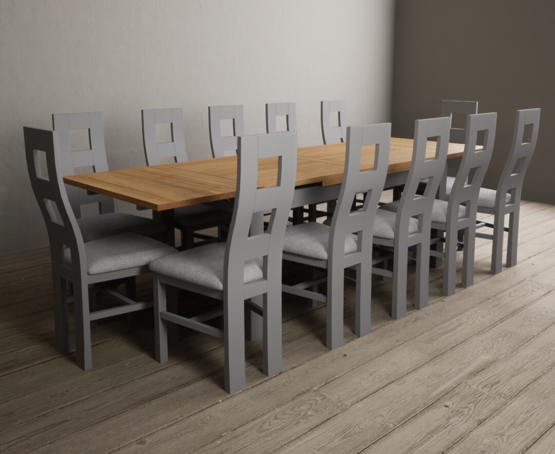 Product photograph of Buxton 180cm Oak And Light Grey Extending Dining Table With 8 Charcoal Grey Flow Back Chairs from Oak Furniture Superstore
